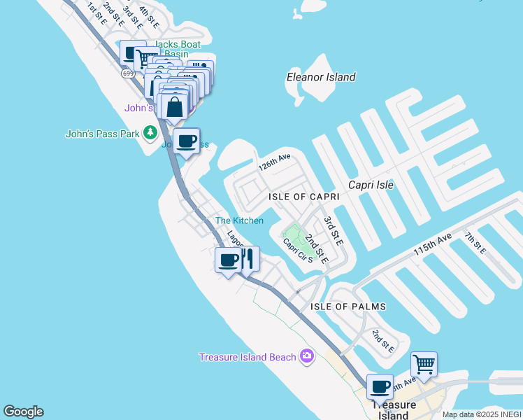 map of restaurants, bars, coffee shops, grocery stores, and more near 12356 Capri Circle North in Treasure Island