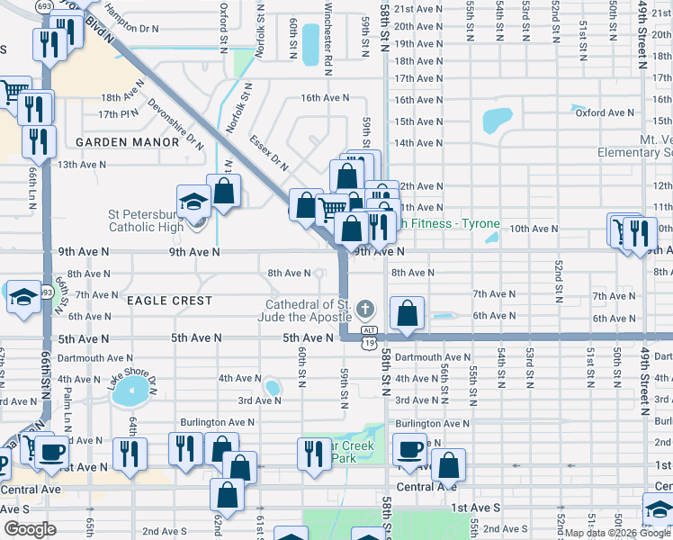 map of restaurants, bars, coffee shops, grocery stores, and more near 810 Tyrone Boulevard North in St. Petersburg