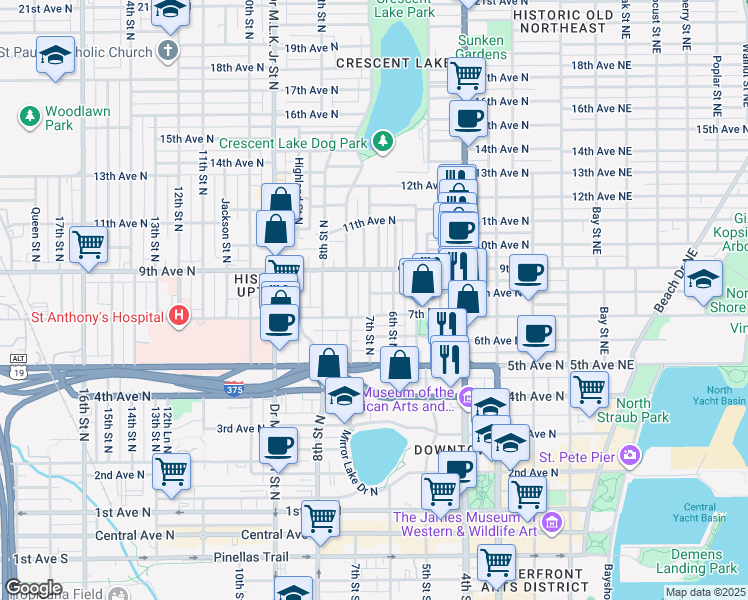 map of restaurants, bars, coffee shops, grocery stores, and more near 731 7th Street North in St. Petersburg