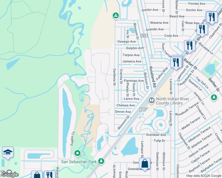map of restaurants, bars, coffee shops, grocery stores, and more near 588 Cross Creek Circle in Sebastian
