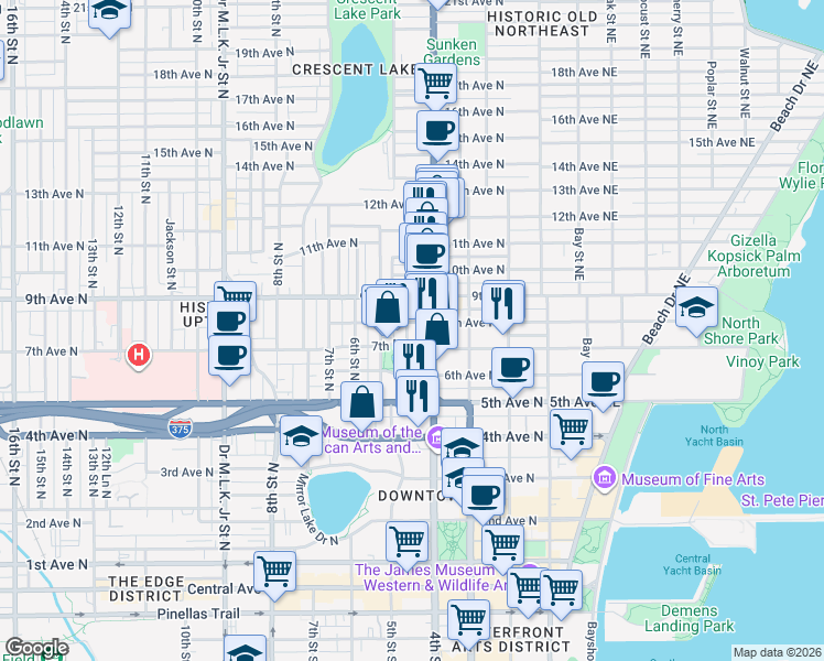 map of restaurants, bars, coffee shops, grocery stores, and more near 727 Dartmoor Street North in St. Petersburg
