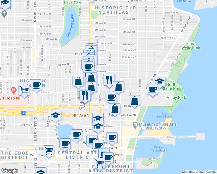 map of restaurants, bars, coffee shops, grocery stores, and more near 756 2nd Street North in St. Petersburg