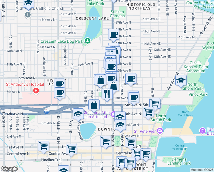 map of restaurants, bars, coffee shops, grocery stores, and more near 727 Dartmoor Street North in St. Petersburg