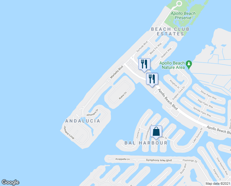 map of restaurants, bars, coffee shops, grocery stores, and more near 6404 Rubia Circle in Apollo Beach