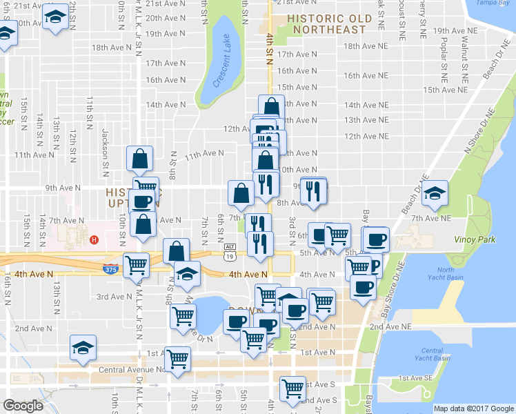 map of restaurants, bars, coffee shops, grocery stores, and more near 727 Dartmoor Street North in St. Petersburg