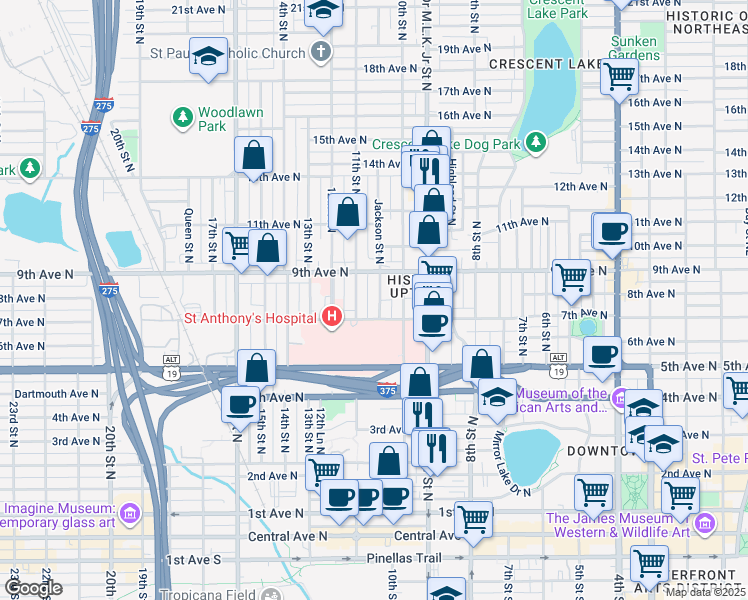 map of restaurants, bars, coffee shops, grocery stores, and more near 725 Jackson Street North in St. Petersburg