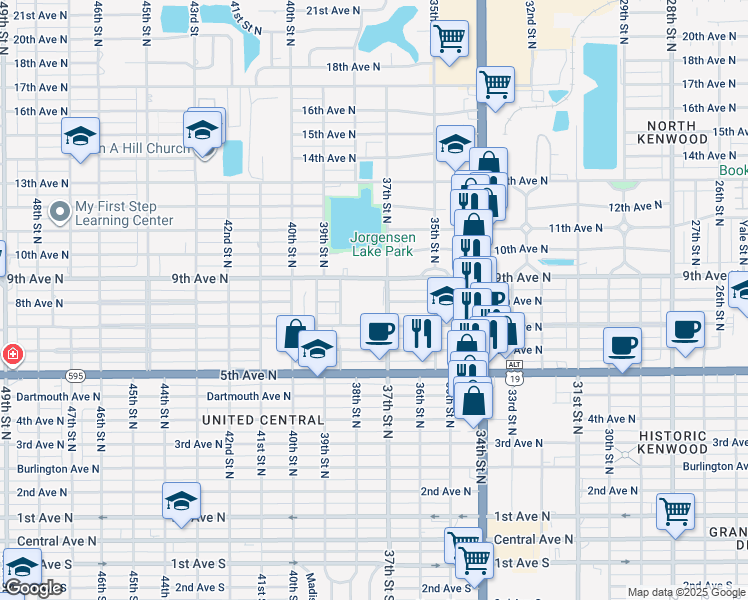 map of restaurants, bars, coffee shops, grocery stores, and more near 3800 9th Avenue North in St. Petersburg