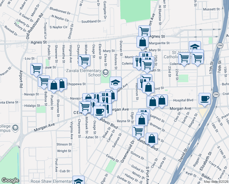 map of restaurants, bars, coffee shops, grocery stores, and more near 1029 Dolores Street in Corpus Christi