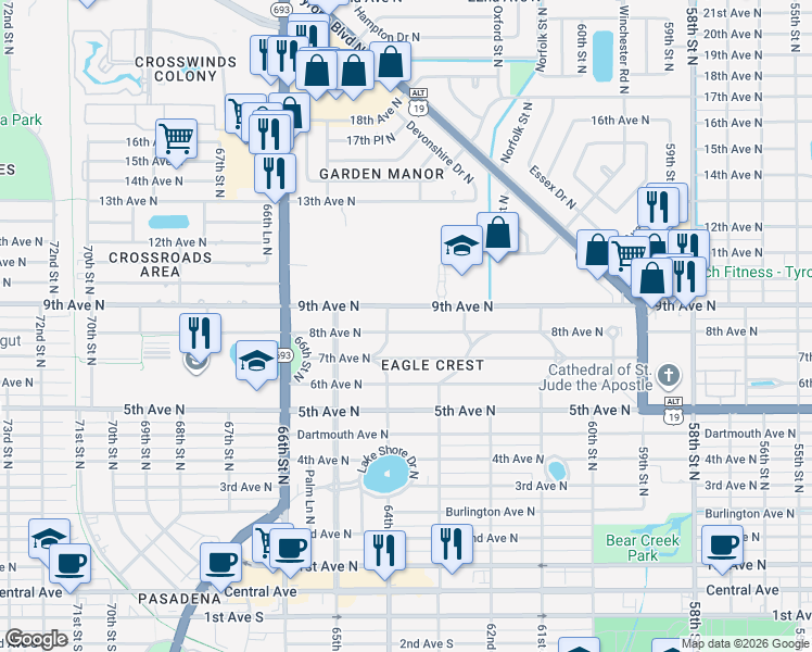 map of restaurants, bars, coffee shops, grocery stores, and more near 6375 8th Avenue North in St. Petersburg