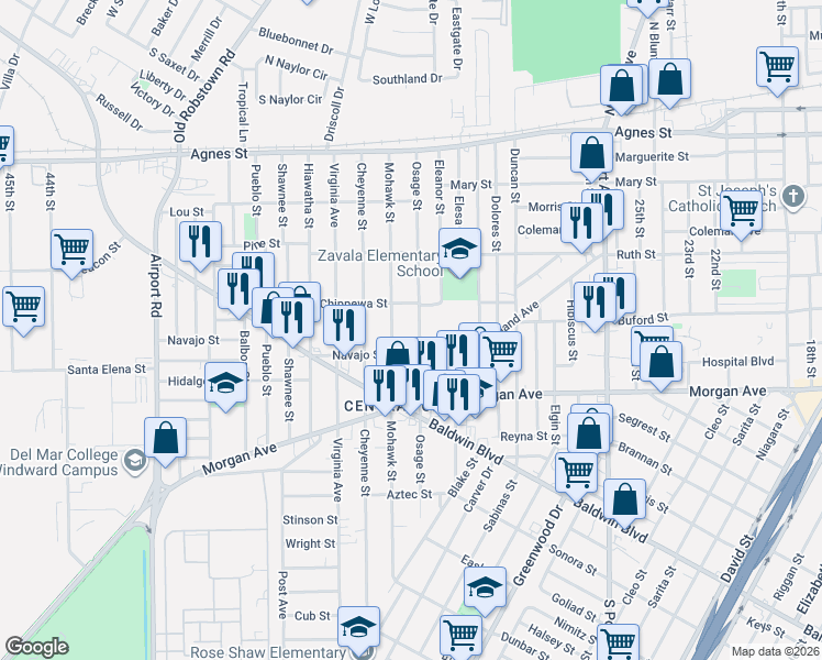 map of restaurants, bars, coffee shops, grocery stores, and more near 433 Osage Street in Corpus Christi