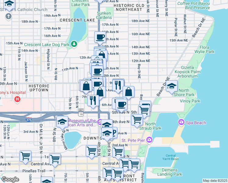 map of restaurants, bars, coffee shops, grocery stores, and more near 234 8th Avenue North in St. Petersburg