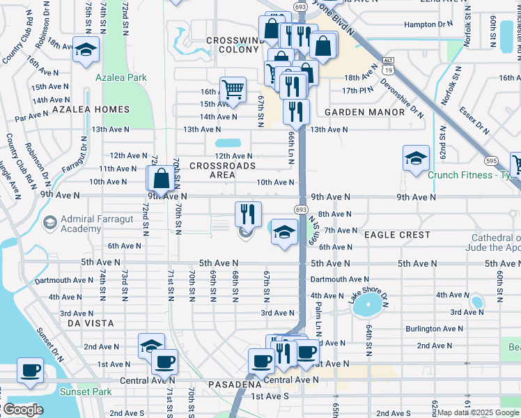 map of restaurants, bars, coffee shops, grocery stores, and more near 6685 8th Ave N in St Petersburg