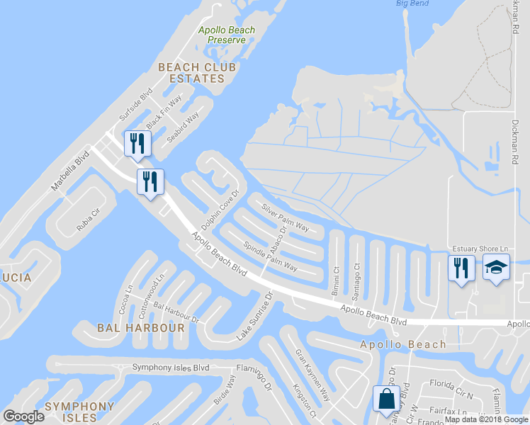 map of restaurants, bars, coffee shops, grocery stores, and more near 1012 Silver Palm Way in Apollo Beach