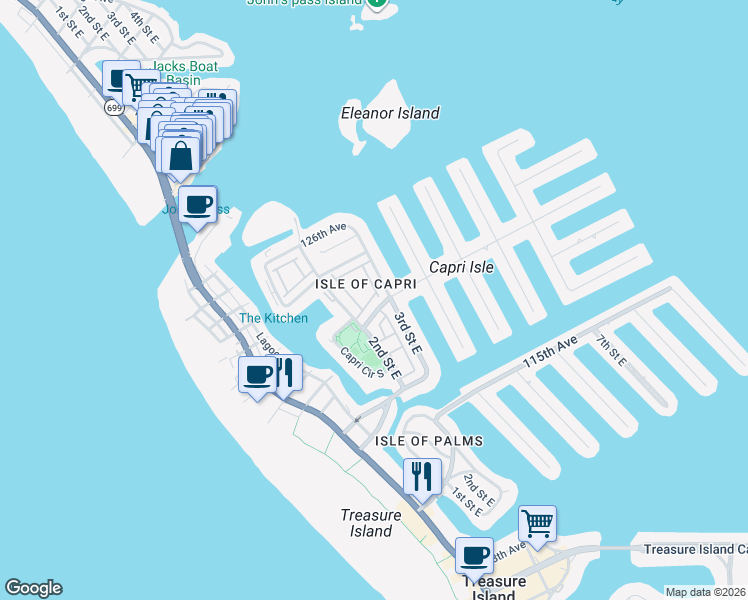 map of restaurants, bars, coffee shops, grocery stores, and more near 225 Sun Vista Court South in Treasure Island
