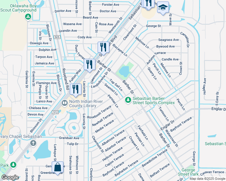 map of restaurants, bars, coffee shops, grocery stores, and more near 1057 Seamist Lane in Sebastian