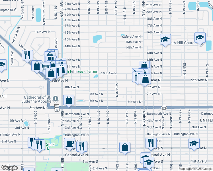 map of restaurants, bars, coffee shops, grocery stores, and more near 5301 8th Avenue North in St. Petersburg
