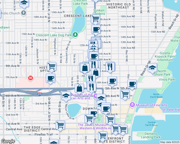 map of restaurants, bars, coffee shops, grocery stores, and more near 727 Dartmoor Street North in St. Petersburg