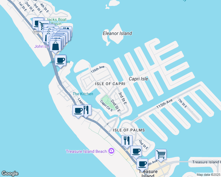 map of restaurants, bars, coffee shops, grocery stores, and more near 216 Sun Vista Court South in Treasure Island