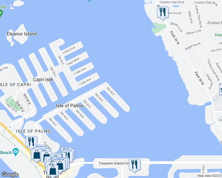 map of restaurants, bars, coffee shops, grocery stores, and more near 11425 9th Street East in Treasure Island