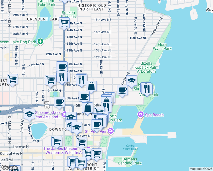 map of restaurants, bars, coffee shops, grocery stores, and more near 216 8th Avenue North in St. Petersburg
