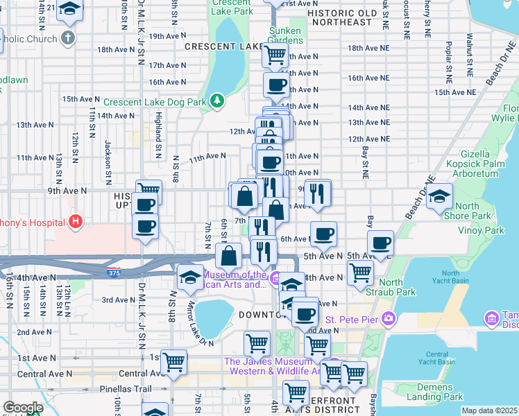 map of restaurants, bars, coffee shops, grocery stores, and more near 727 Dartmoor Street North in St. Petersburg