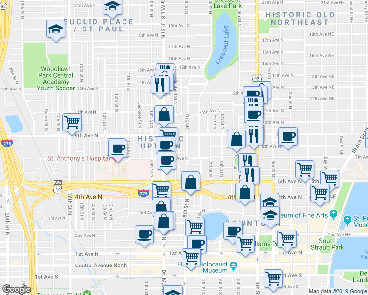 map of restaurants, bars, coffee shops, grocery stores, and more near 719 Highland Street North in St. Petersburg