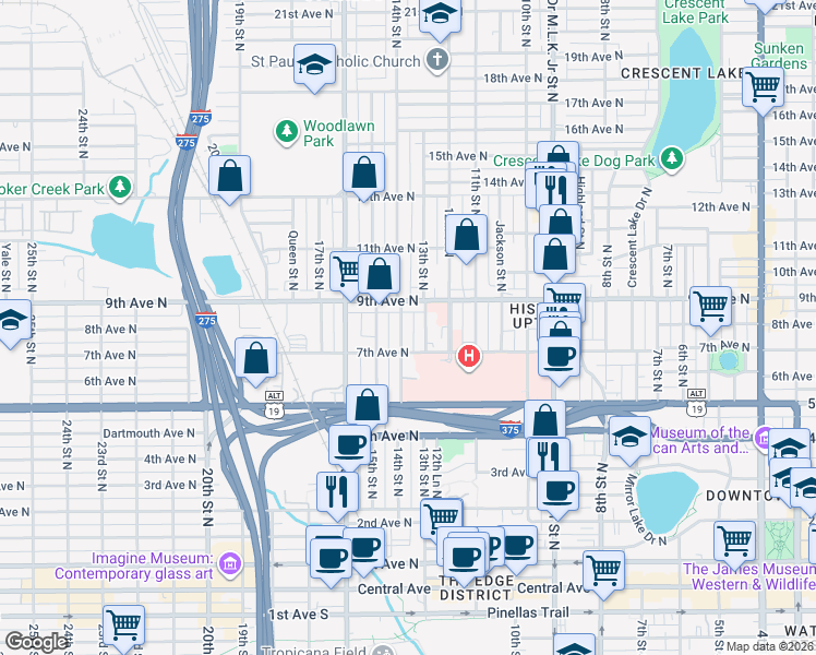 map of restaurants, bars, coffee shops, grocery stores, and more near 732 14th Street North in St. Petersburg