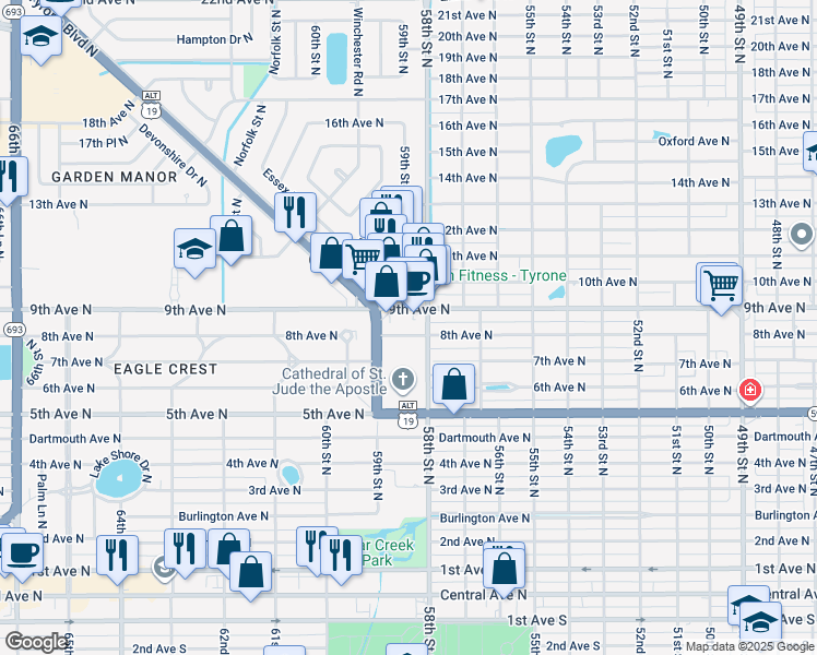map of restaurants, bars, coffee shops, grocery stores, and more near 5831 8th Avenue North in St. Petersburg