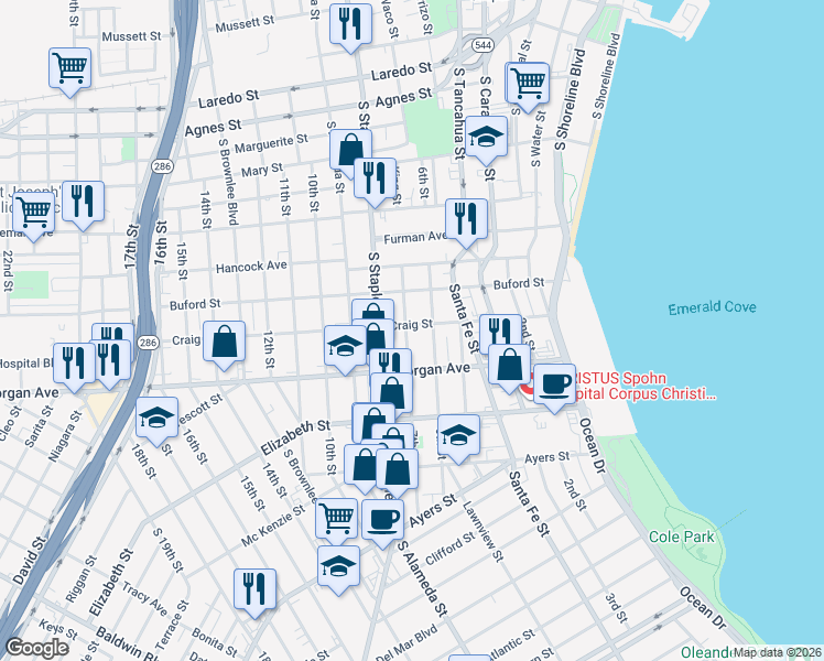 map of restaurants, bars, coffee shops, grocery stores, and more near 1203 7th Street in Corpus Christi