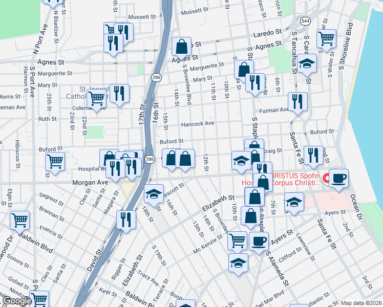 map of restaurants, bars, coffee shops, grocery stores, and more near 1527 Craig Street in Corpus Christi