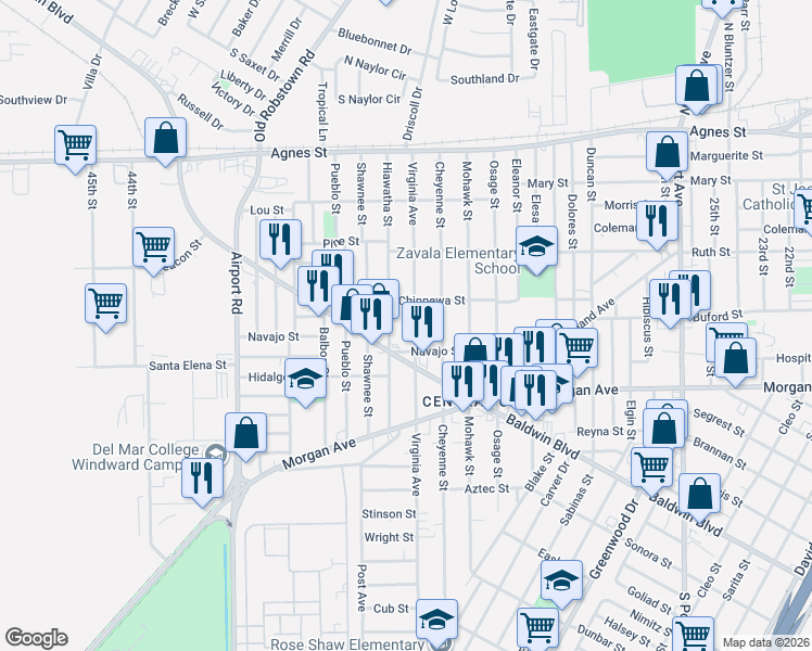 map of restaurants, bars, coffee shops, grocery stores, and more near 429 Virginia Avenue in Corpus Christi