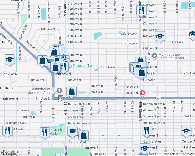 map of restaurants, bars, coffee shops, grocery stores, and more near 5401 8th Ave N in St Petersburg