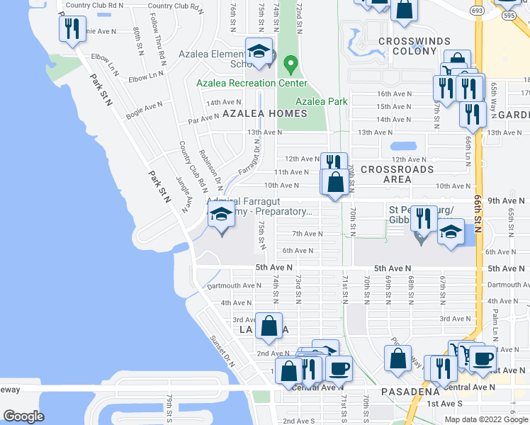 map of restaurants, bars, coffee shops, grocery stores, and more near 801 75th Street North in Saint Petersburg