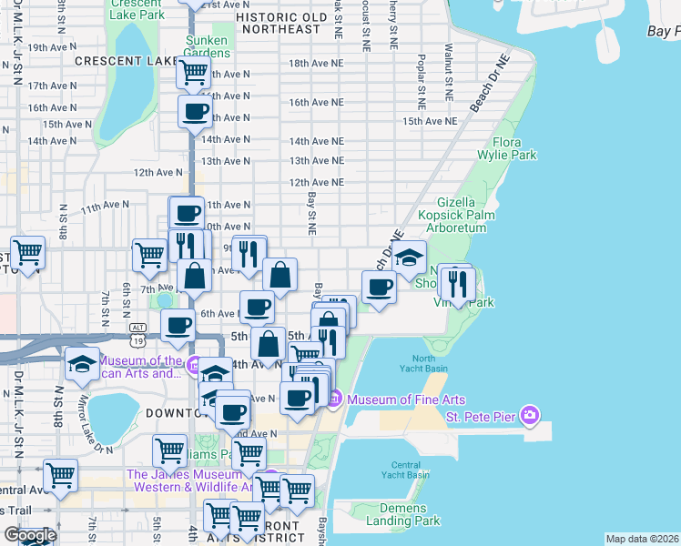 map of restaurants, bars, coffee shops, grocery stores, and more near 216 8th Avenue North in St. Petersburg