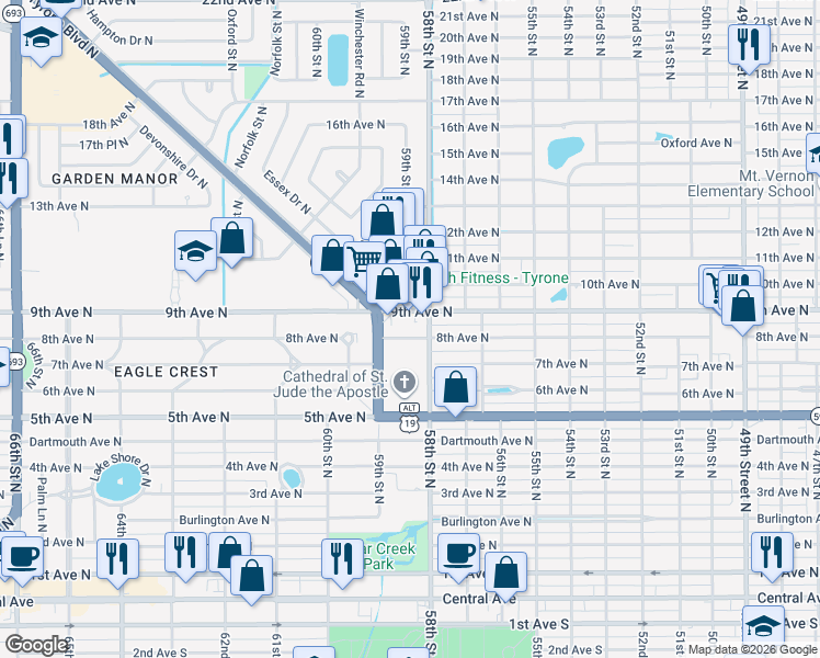 map of restaurants, bars, coffee shops, grocery stores, and more near 5831 8th Avenue North in St. Petersburg