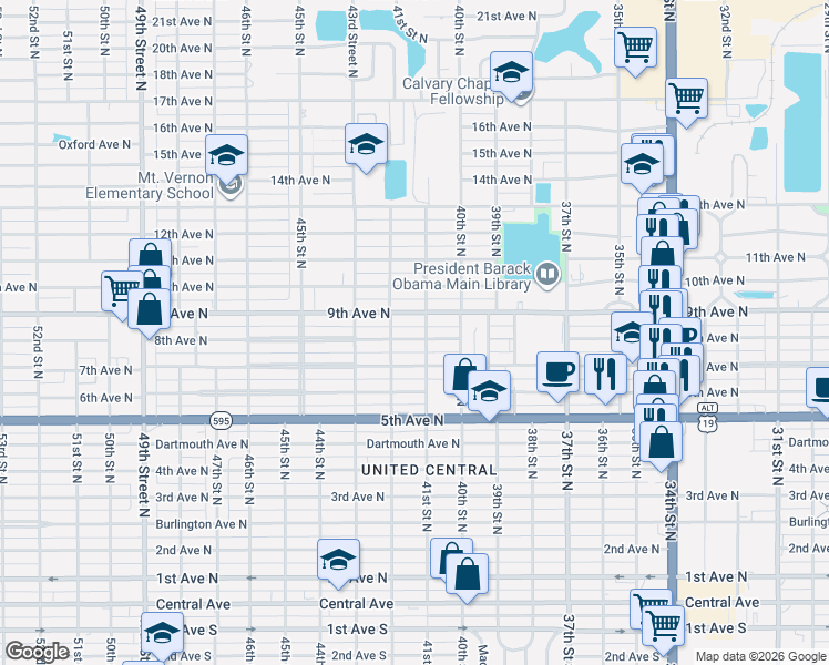 map of restaurants, bars, coffee shops, grocery stores, and more near 4100 8th Avenue North in St. Petersburg