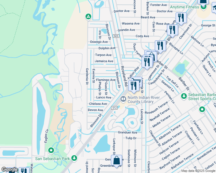 map of restaurants, bars, coffee shops, grocery stores, and more near 1065 Cole Terrace in Sebastian