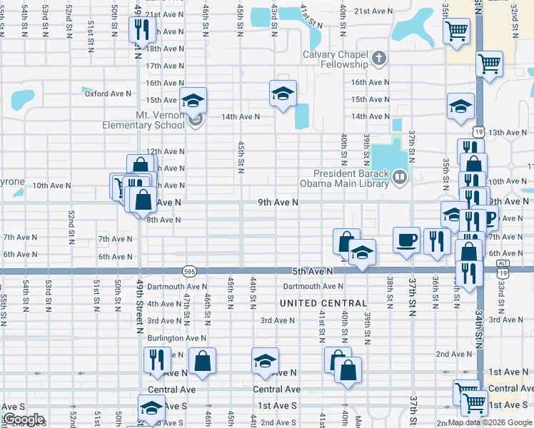 map of restaurants, bars, coffee shops, grocery stores, and more near 4325 8th Avenue North in Saint Petersburg