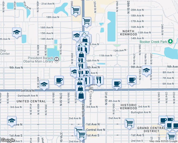 map of restaurants, bars, coffee shops, grocery stores, and more near 3309 8th Avenue North in Saint Petersburg