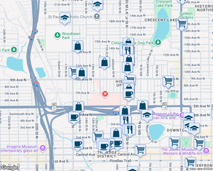 map of restaurants, bars, coffee shops, grocery stores, and more near 800 11th Street North in St. Petersburg