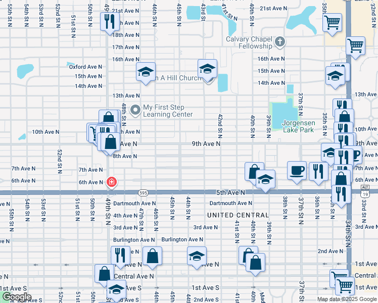map of restaurants, bars, coffee shops, grocery stores, and more near 4442 8th Avenue North in St. Petersburg