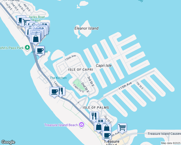 map of restaurants, bars, coffee shops, grocery stores, and more near 12051 3rd Street East in Treasure Island