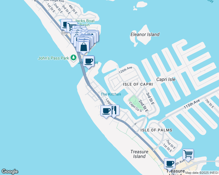 map of restaurants, bars, coffee shops, grocery stores, and more near 12444 Capri Circle North in Treasure Island