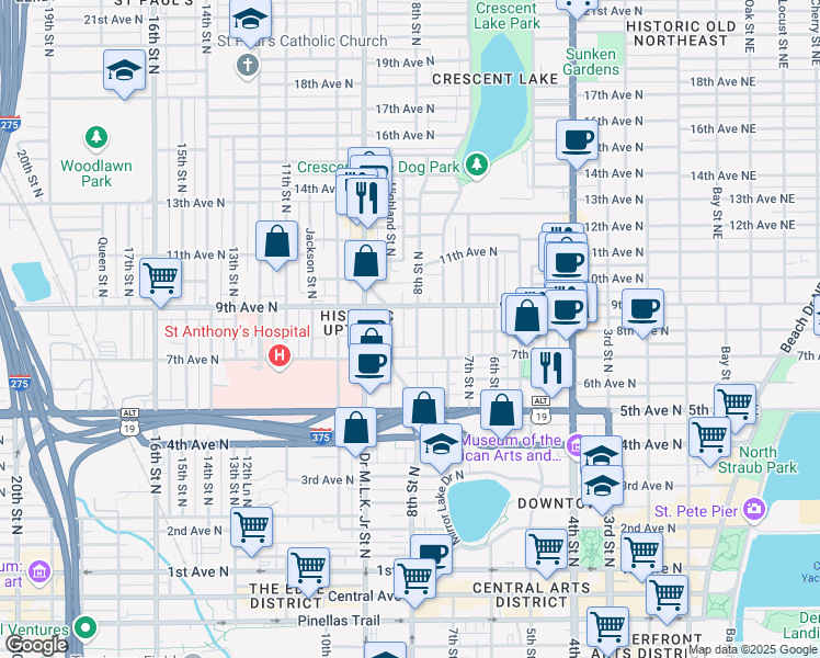 map of restaurants, bars, coffee shops, grocery stores, and more near 719 Highland Street North in St. Petersburg