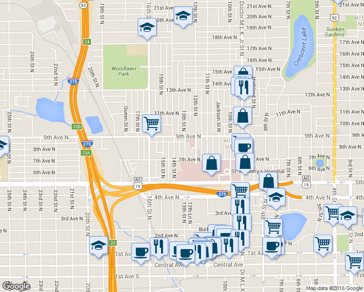 map of restaurants, bars, coffee shops, grocery stores, and more near 725 13th Street North in St. Petersburg