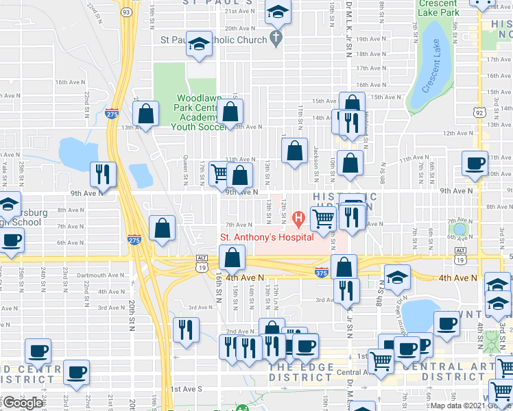 map of restaurants, bars, coffee shops, grocery stores, and more near 732 14th Street North in St. Petersburg