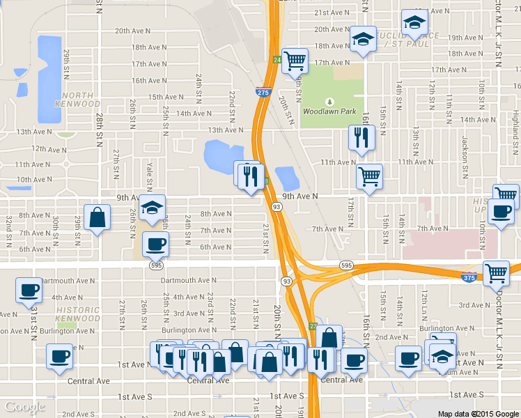 map of restaurants, bars, coffee shops, grocery stores, and more near 2142 8th Avenue North in St. Petersburg