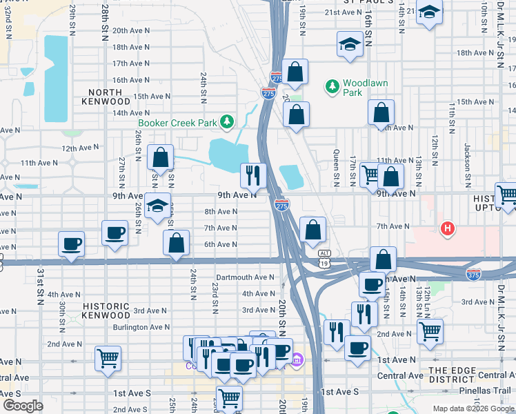 map of restaurants, bars, coffee shops, grocery stores, and more near 2142 8th Avenue North in St. Petersburg