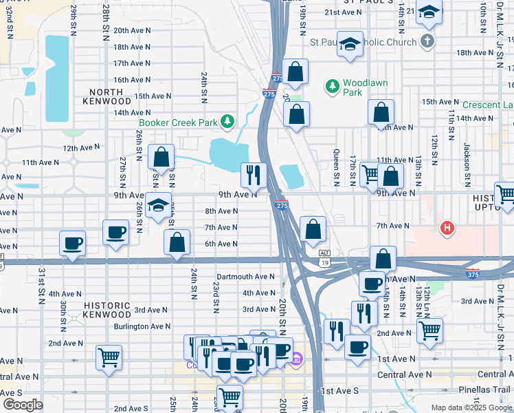 map of restaurants, bars, coffee shops, grocery stores, and more near 2142 8th Avenue North in St. Petersburg