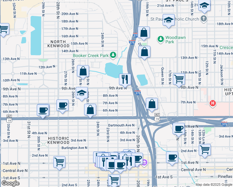 map of restaurants, bars, coffee shops, grocery stores, and more near 2218 8th Avenue North in St. Petersburg